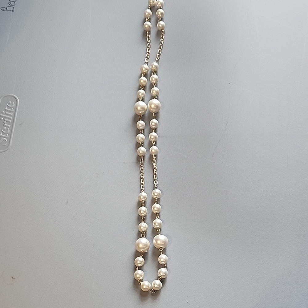 Long Pearl and Gold Bead Necklace